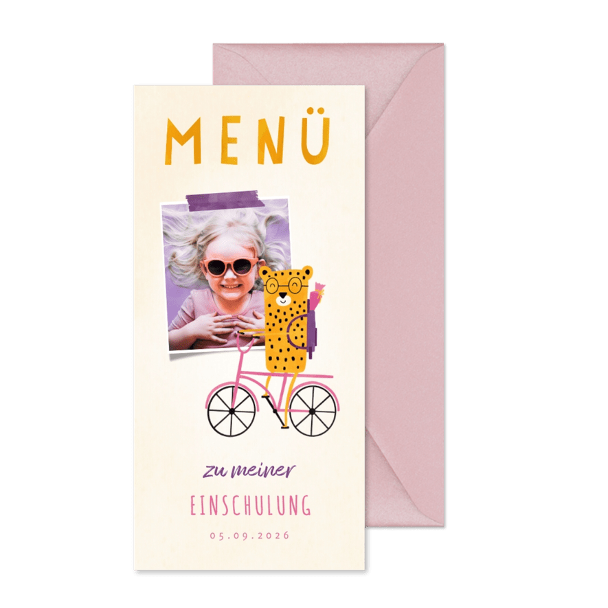 Menükarte zur Einschulung rosa Rad mit Leopard & Foto - Karteneindruck
