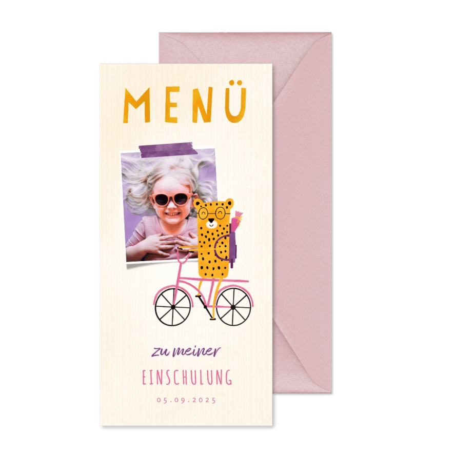 Menükarte zur Einschulung rosa Rad mit Leopard & Foto - Karteneindruck