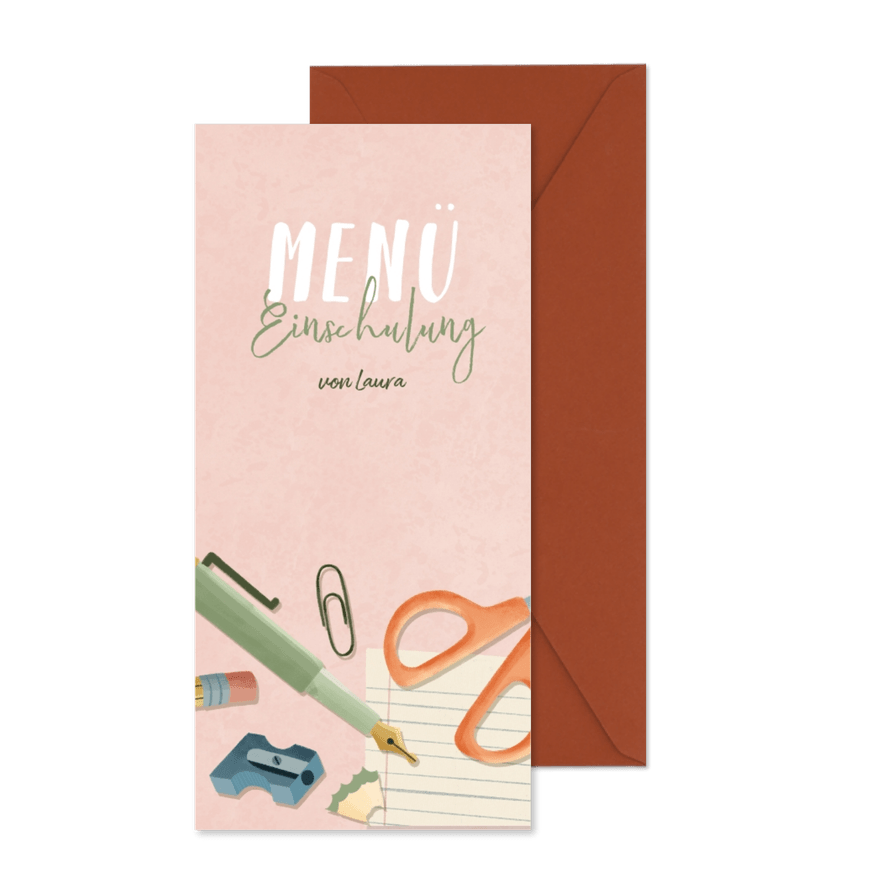 Menükarte zur Einschulung rosa Schere, Füller & Papier - Karteneindruck