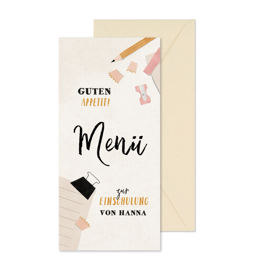 Menükarte zur Einschulung rosa Spitzer & Bleistift - Karteneindruck
