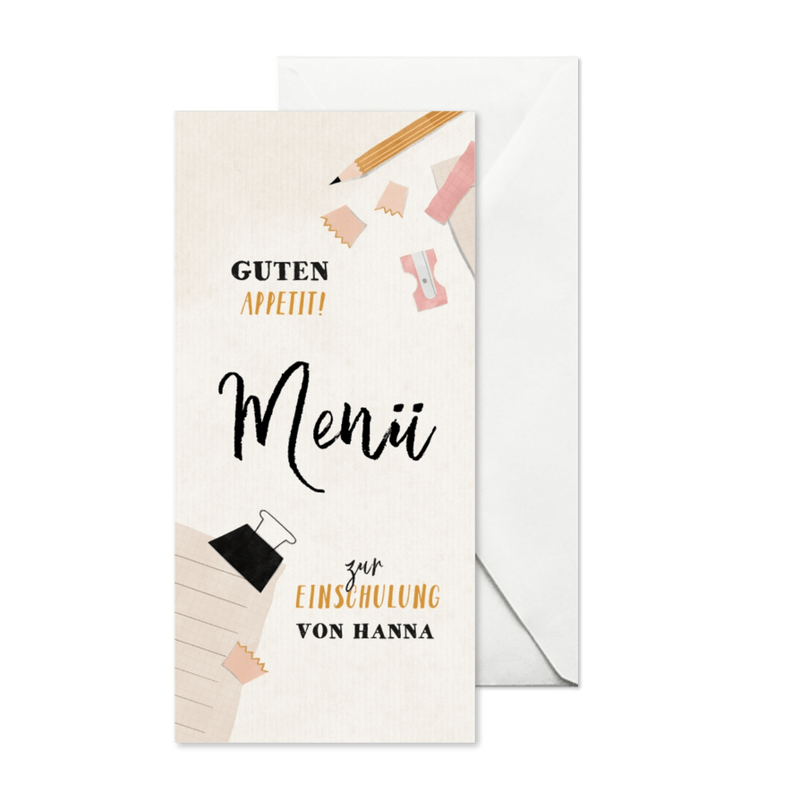 Menükarte zur Einschulung rosa Spitzer & Bleistift - Karteneindruck
