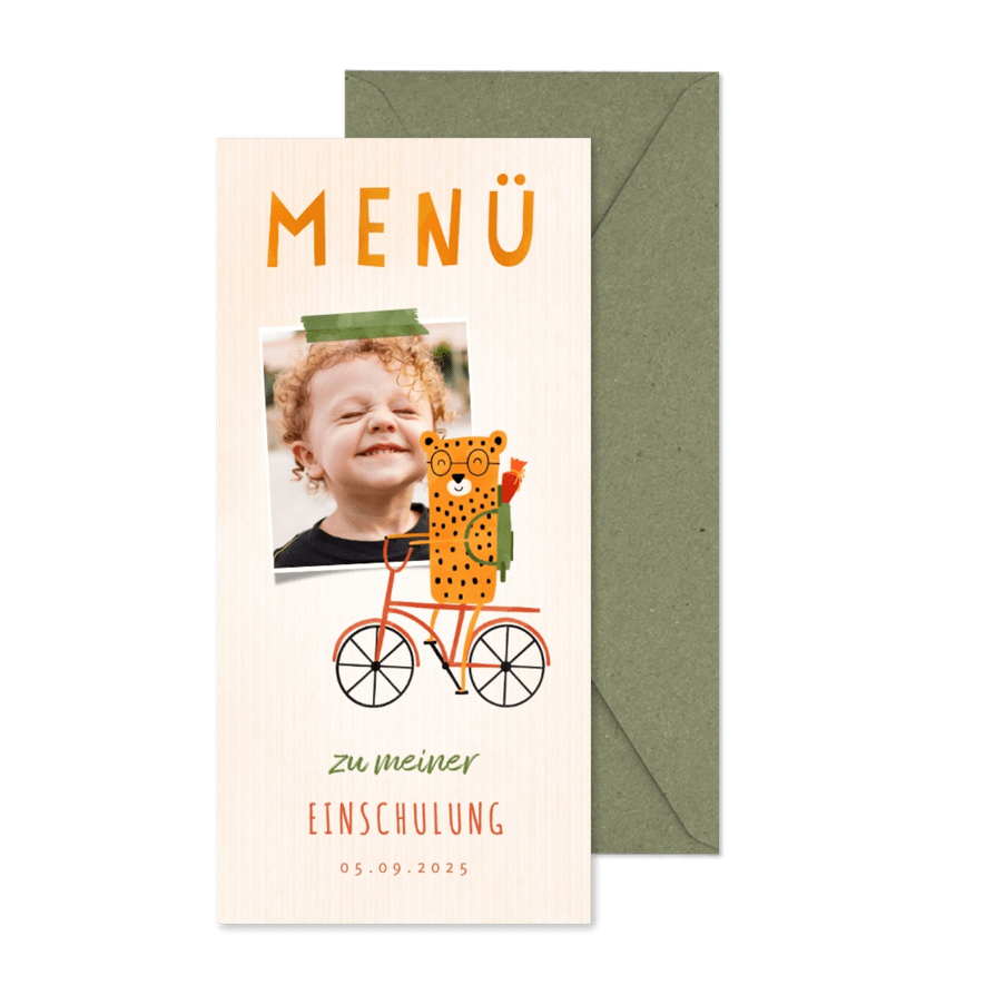 Menükarte zur Einschulung rotes Rad mit Leopard & Foto - Karteneindruck
