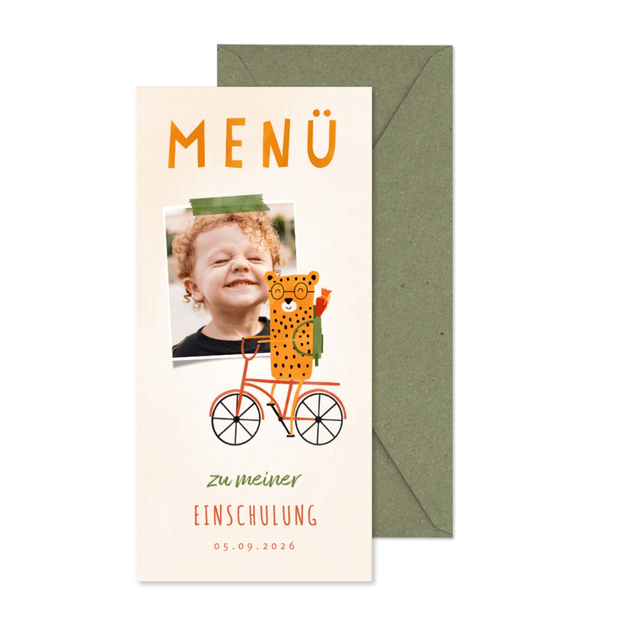 Menükarte zur Einschulung rotes Rad mit Leopard & Foto - Karteneindruck