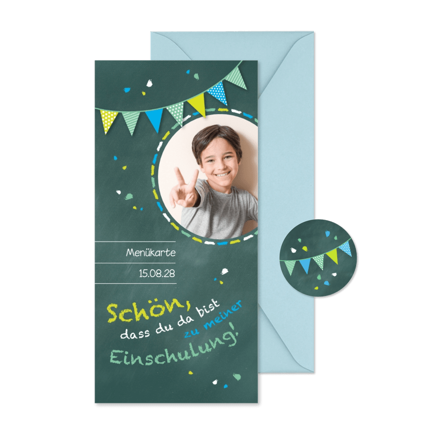 Menükarte zur Einschulung Schultafel grünblau und Foto - Karteneindruck
