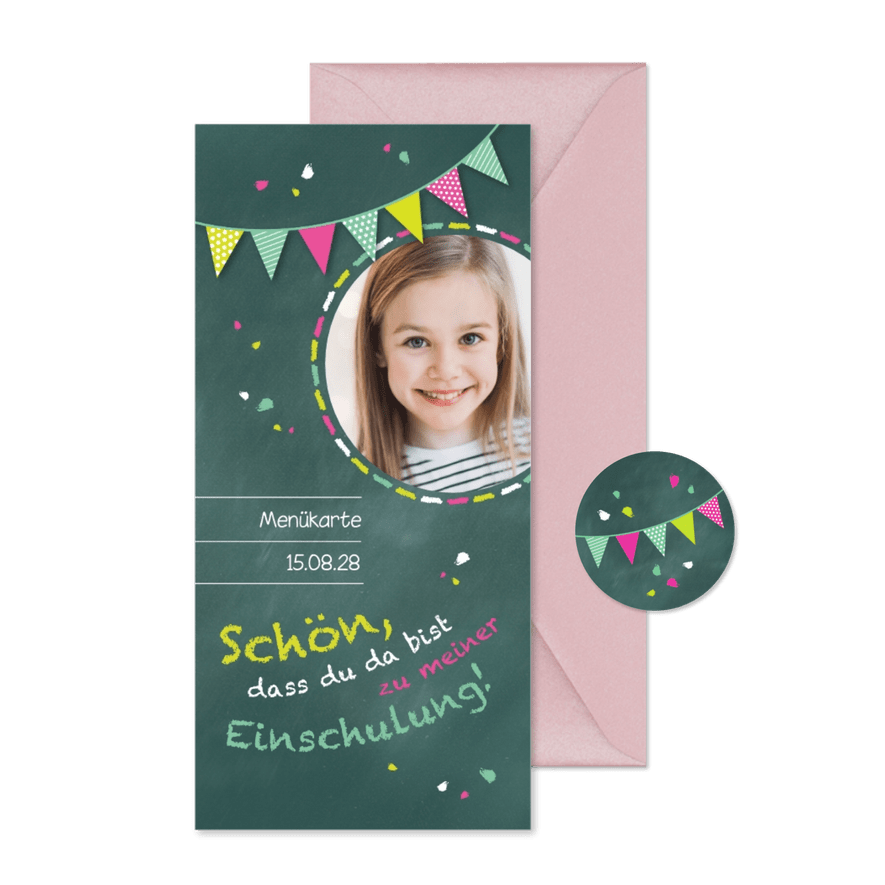 Menükarte zur Einschulung Schultafel grünrosa und Foto - Karteneindruck