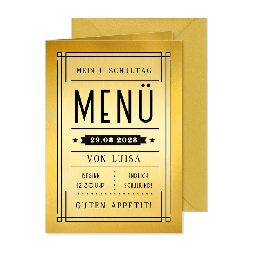 Menükarte zur Einschulungsfeier Goldlook - Karteneindruck
