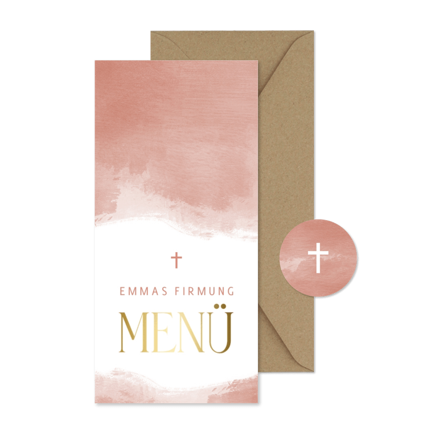 Menükarte zur Firmung Aquarell korallrosa - Karteneindruck