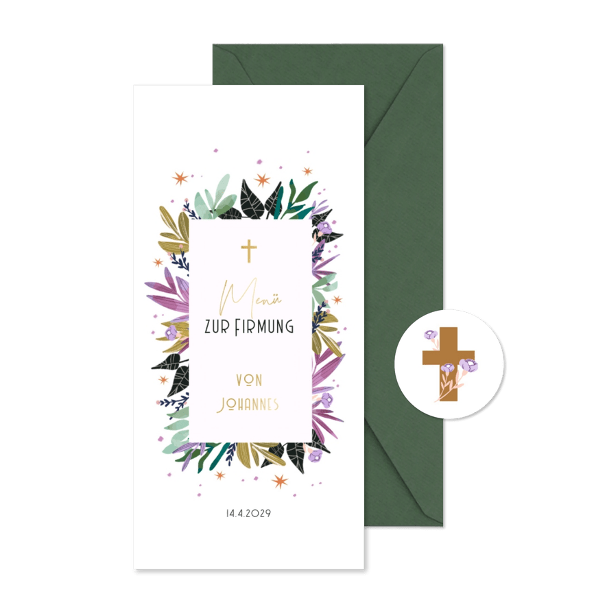 Menükarte zur Firmung mit Blumenrahmen - Karteneindruck
