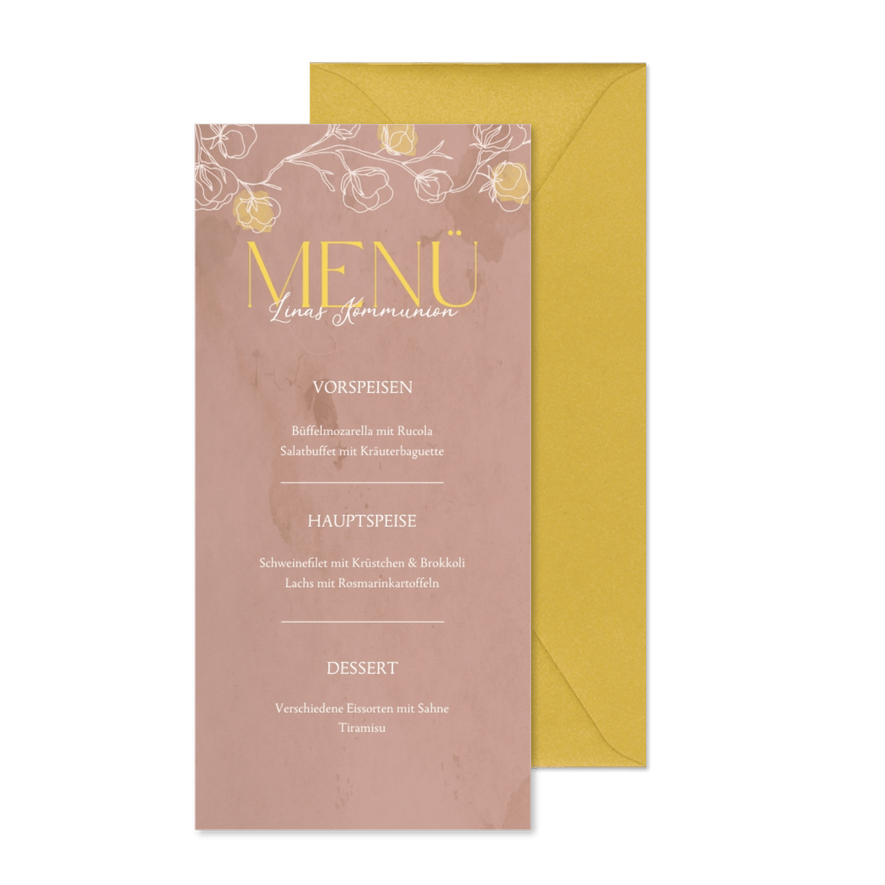 Menükarte zur heiligen Kommunion mit Rosen und Kleckse - Karteneindruck