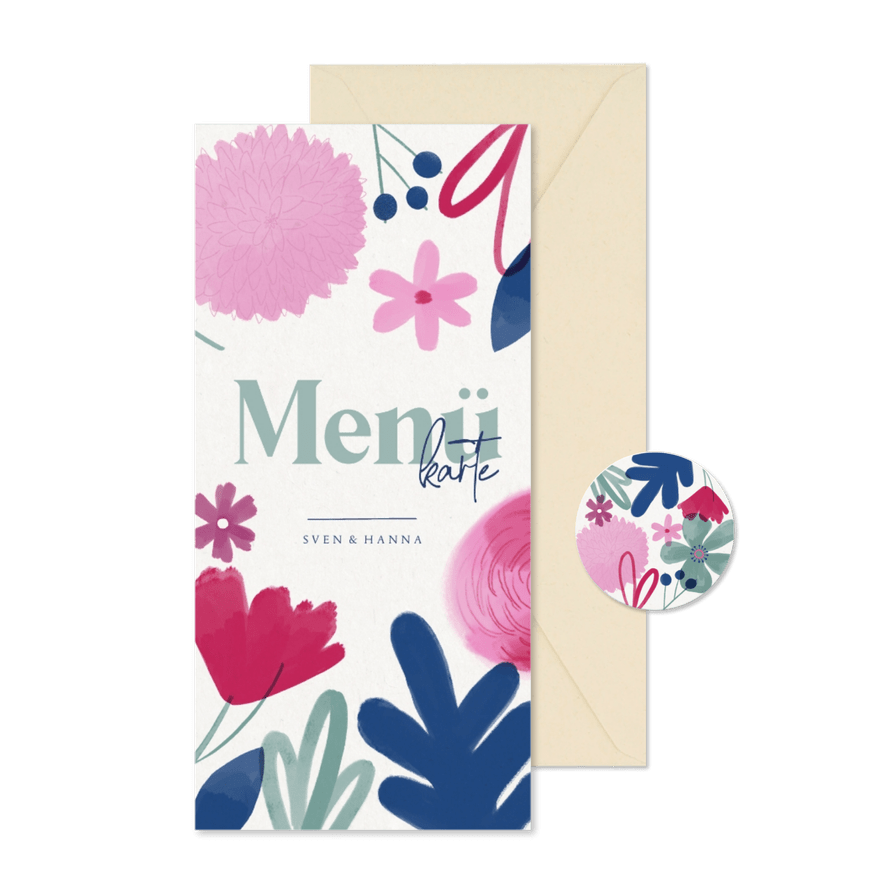 Menükarte zur Hochzeit Aquarellblumen - Karteneindruck