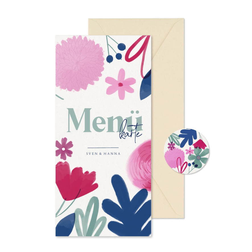 Menükarte zur Hochzeit Aquarellblumen - Kartenvorschau
