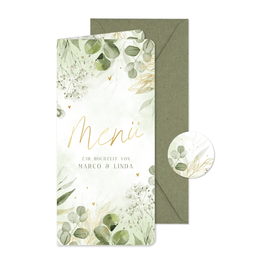 Menükarte zur Hochzeit Aquarellzweige - Kartenvorschau
