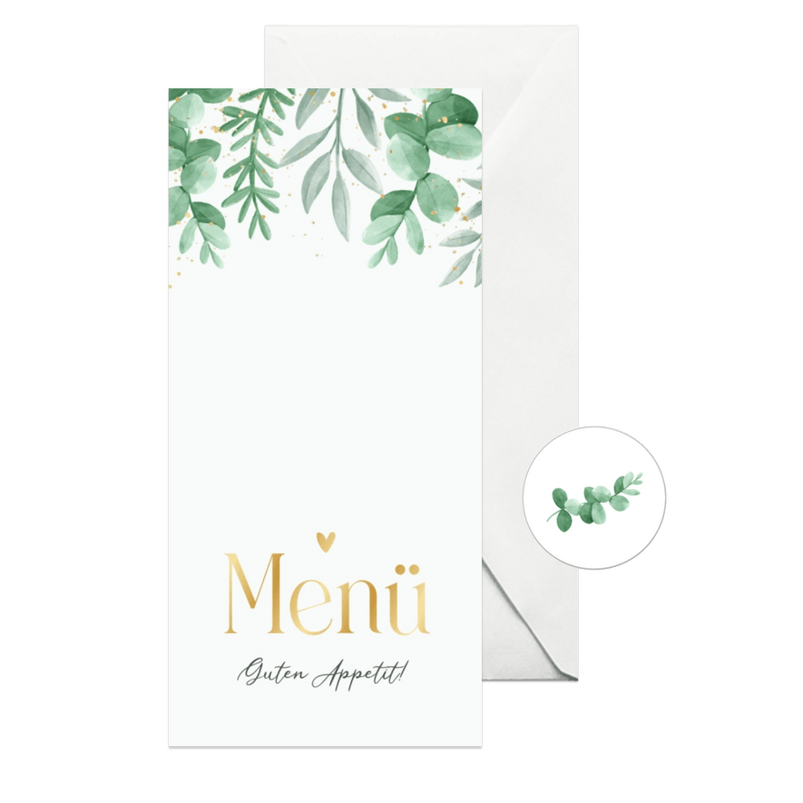 Menükarte zur Hochzeit Blattgrün & Text in Gold - Karteneindruck
