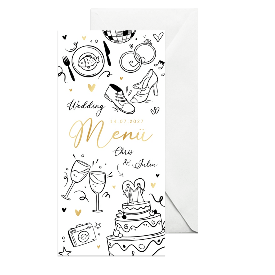 Menükarte zur Hochzeit Doodles Goldelemente - Karteneindruck
