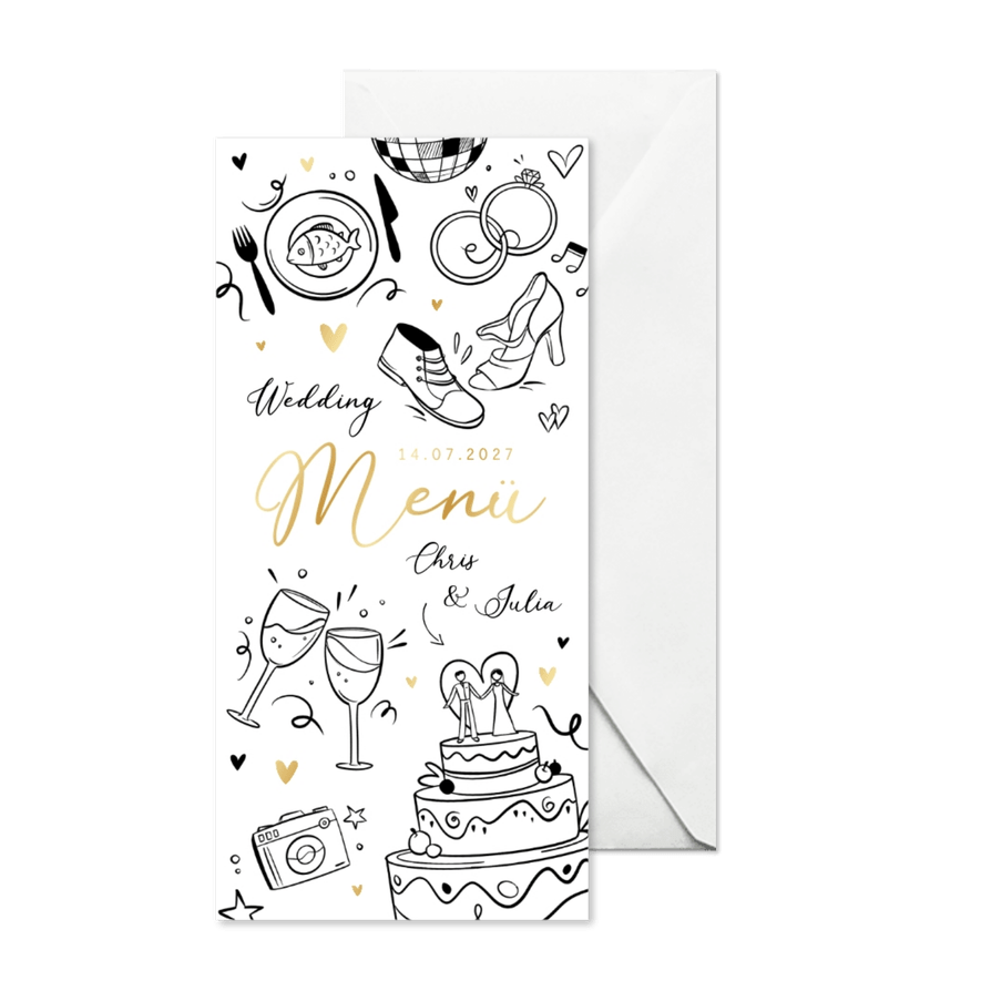 Menükarte zur Hochzeit Doodles Goldelemente - Karteneindruck
