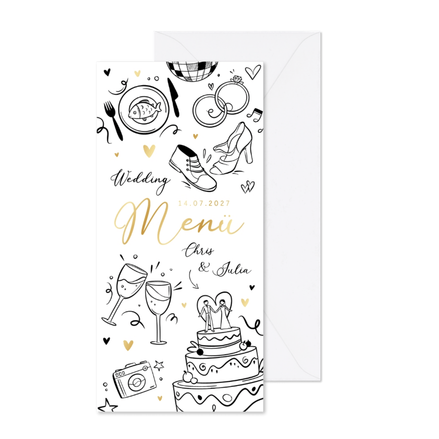 Menükarte zur Hochzeit Doodles Goldelemente - Kartenvorschau
