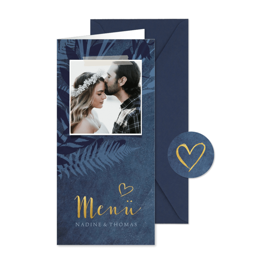 Menükarte zur Hochzeit dunkelblau Pflanzen & Foto - Karteneindruck
