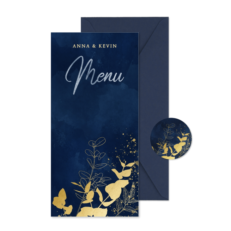 Menükarte zur Hochzeit Eukalyptus Goldlook - Karteneindruck
