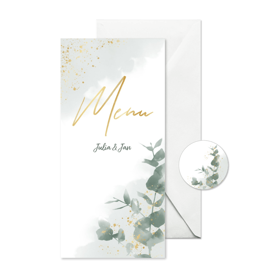 Menükarte zur Hochzeit Eukalyptus & Gold - Karteneindruck
