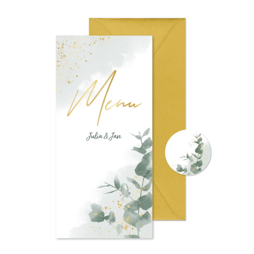 Menükarte zur Hochzeit Eukalyptus & Gold - Kartenvorschau