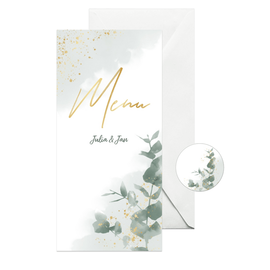 Menükarte zur Hochzeit Eukalyptus & Gold - Karteneindruck
