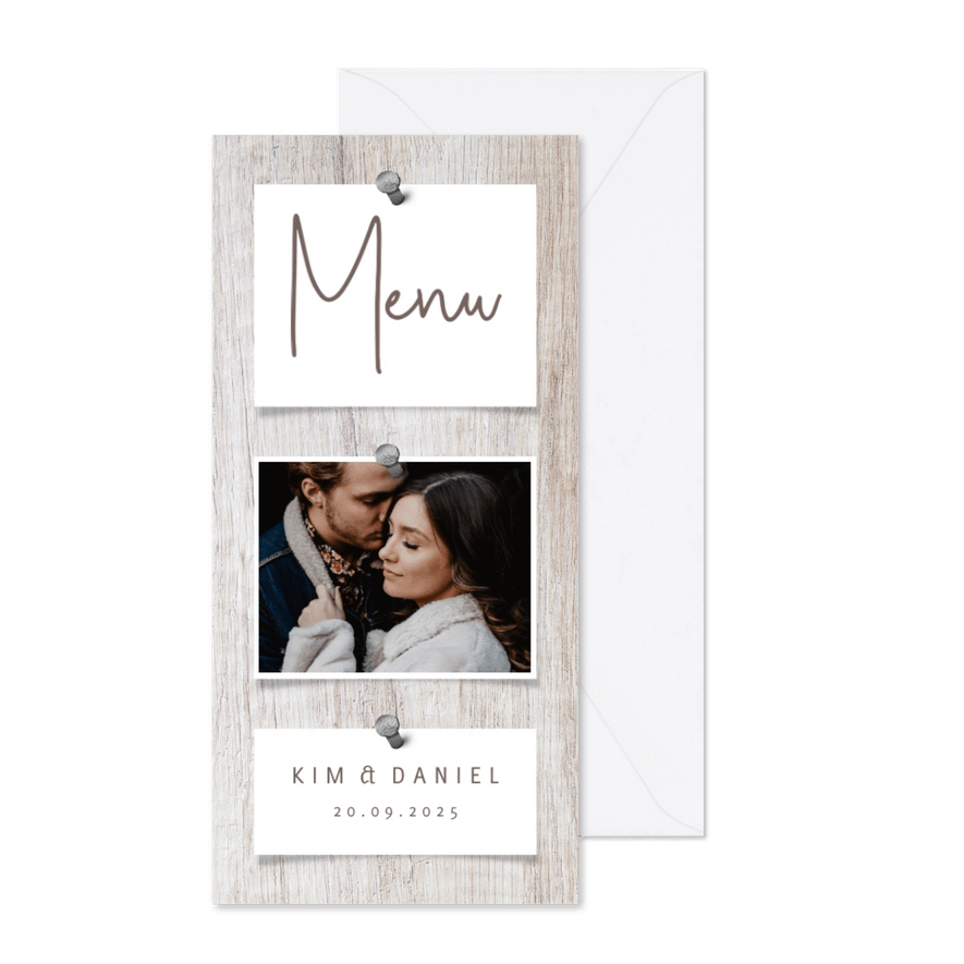 Menükarte zur Hochzeit Fotos auf Holz - Karteneindruck