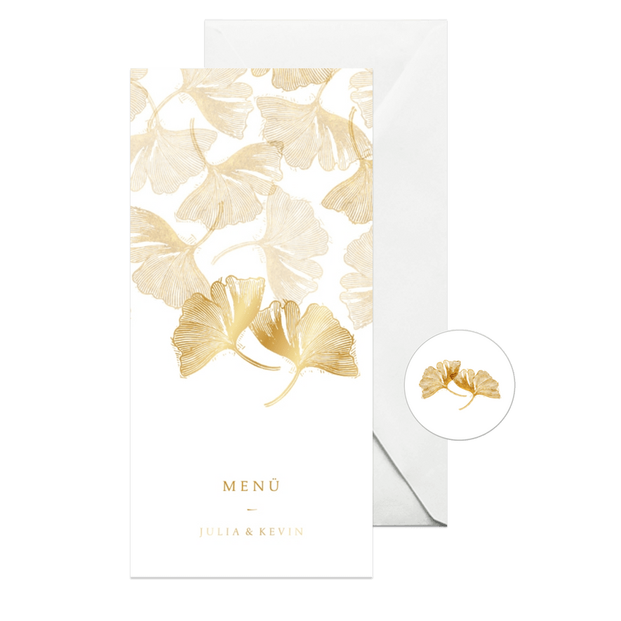 Menükarte zur Hochzeit Ginkgoblätter Stempel - Karteneindruck
