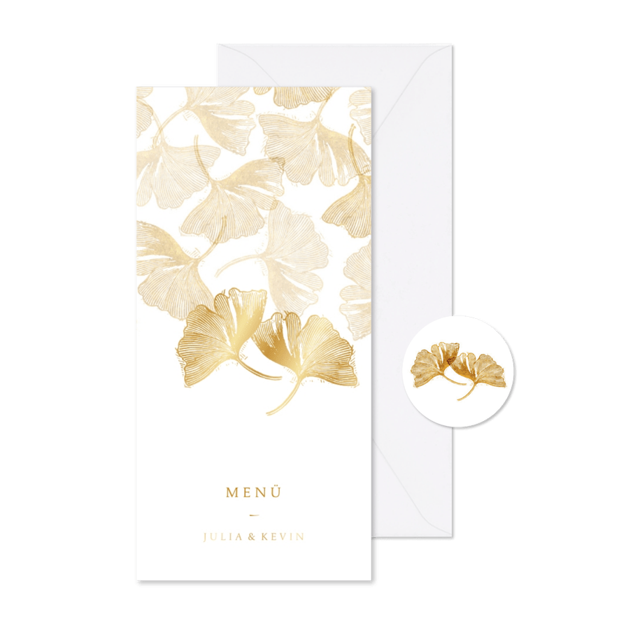 Menükarte zur Hochzeit Ginkgoblätter Stempel - Kartenvorschau