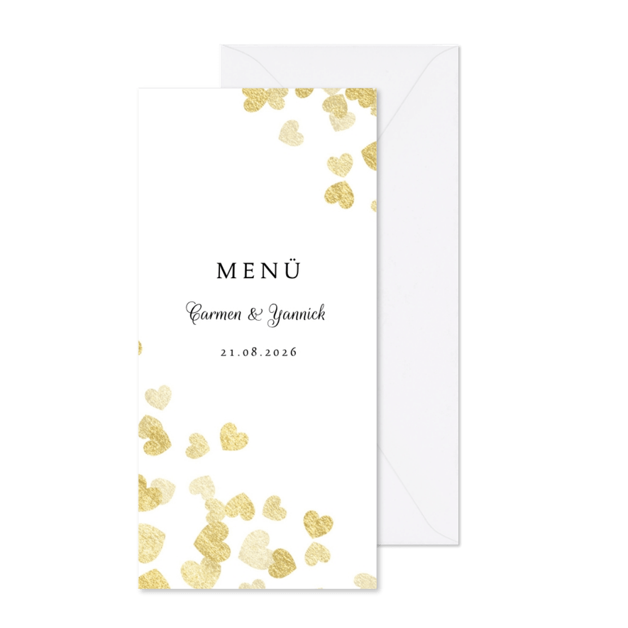 Menükarte zur Hochzeit Goldene Herzen - Kartenvorschau