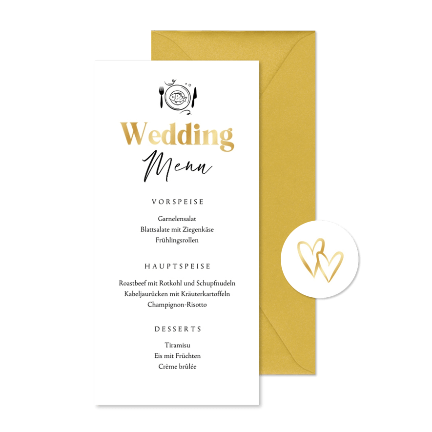 Menükarte zur Hochzeit Goldschrift - Kartenvorschau
