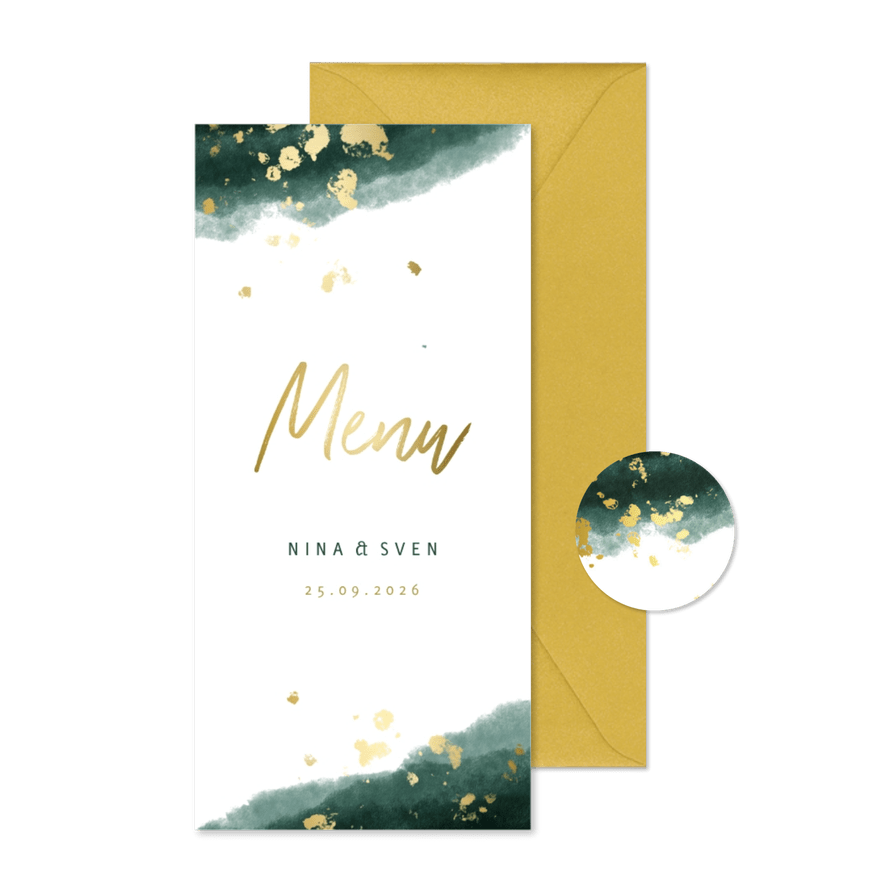 Menükarte zur Hochzeit grüne Wasserfarbe und Goldakzente - Karteneindruck
