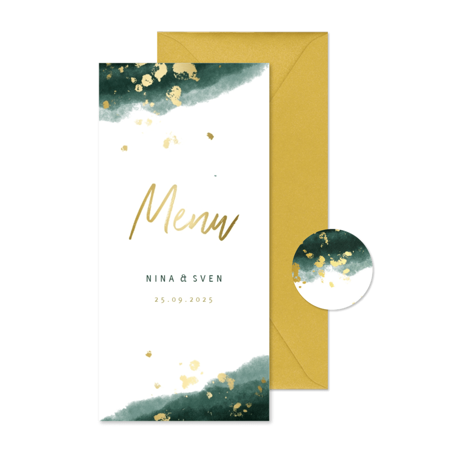Menükarte zur Hochzeit grüne Wasserfarbe und Goldakzente - Karteneindruck