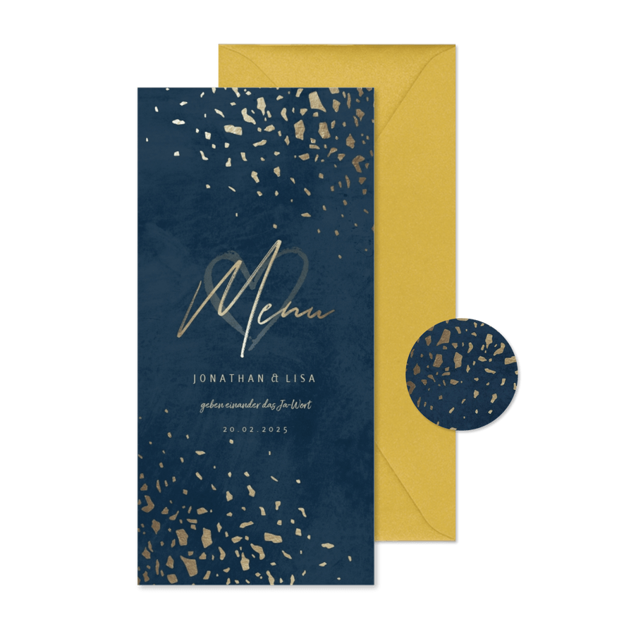 Menükarte zur Hochzeit in dunkelblau mit Goldschnipseln - Karteneindruck