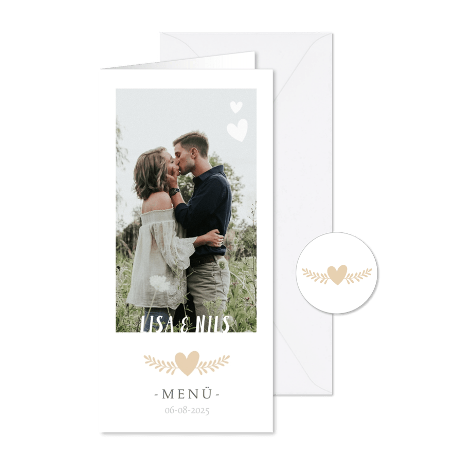 Menükarte zur Hochzeit mit Fotos und Herzen - Karteneindruck