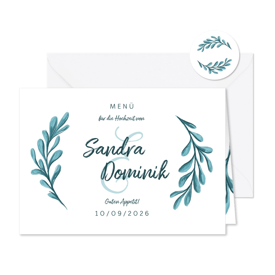 Menükarte zur Hochzeit mit gemalten Zweigen - Karteneindruck
