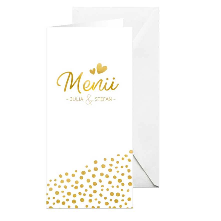 Menükarte zur Hochzeit mit goldener Schrift und Foto - Karteneindruck
