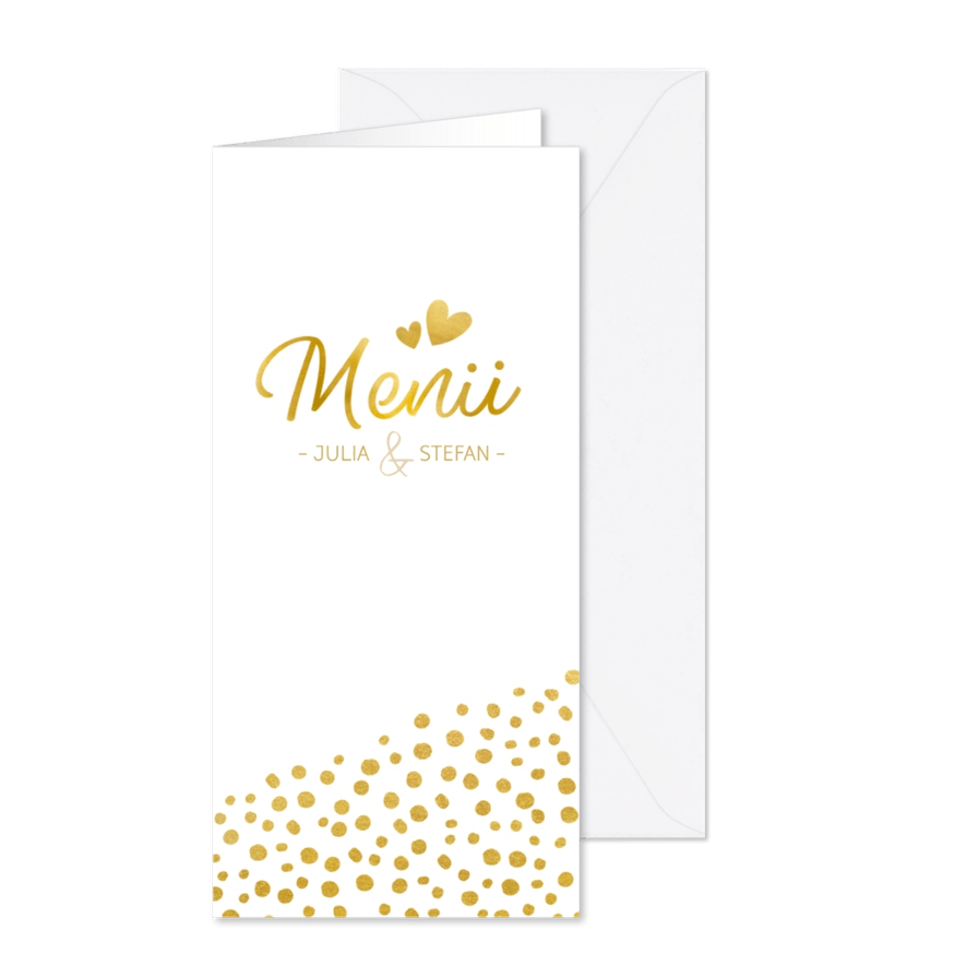Menükarte zur Hochzeit mit goldener Schrift und Foto - Karteneindruck