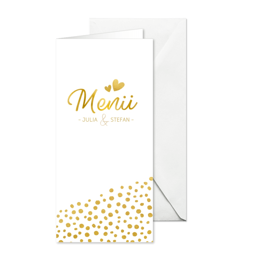 Menükarte zur Hochzeit mit goldener Schrift und Foto - Karteneindruck
