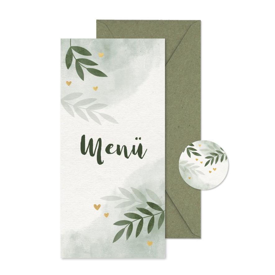Menükarte zur Hochzeit mit Zweigen und goldenen Herzen - Karteneindruck