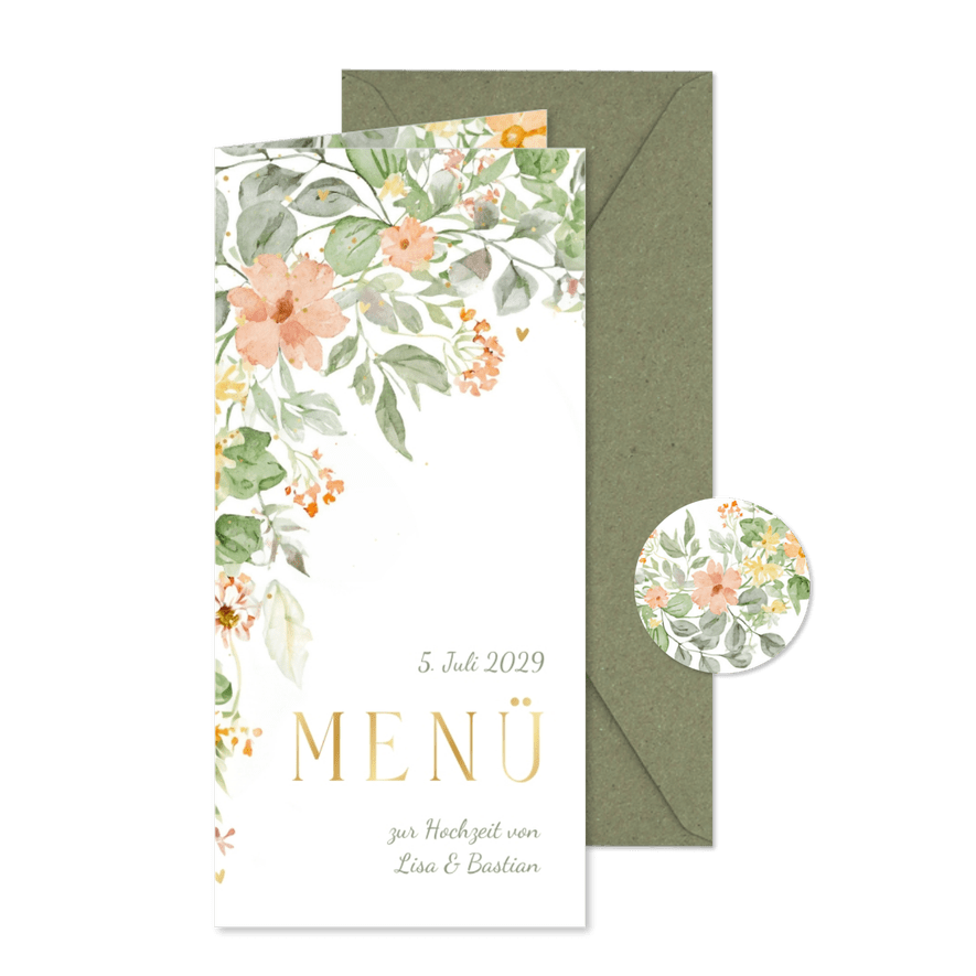 Menükarte zur Hochzeit romantische Blumenranken - Kartenvorschau