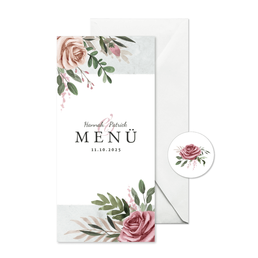 Menükarte zur Hochzeit Rosen & Marmor - Karteneindruck
