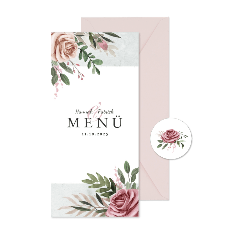 Menükarte zur Hochzeit Rosen & Marmor - Karteneindruck