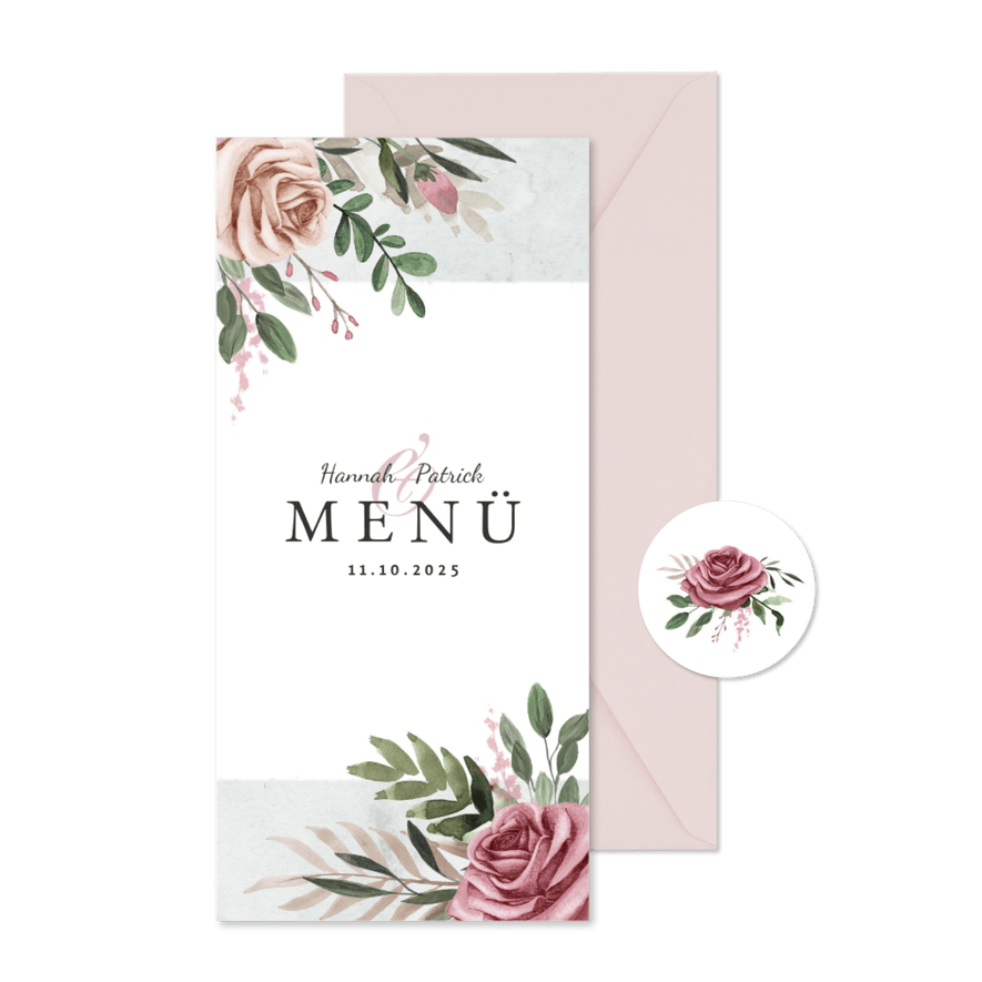 Menükarte zur Hochzeit Rosen & Marmor - Karteneindruck
