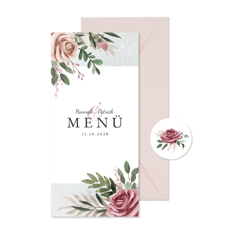 Menükarte zur Hochzeit Rosen & Marmor - Karteneindruck
