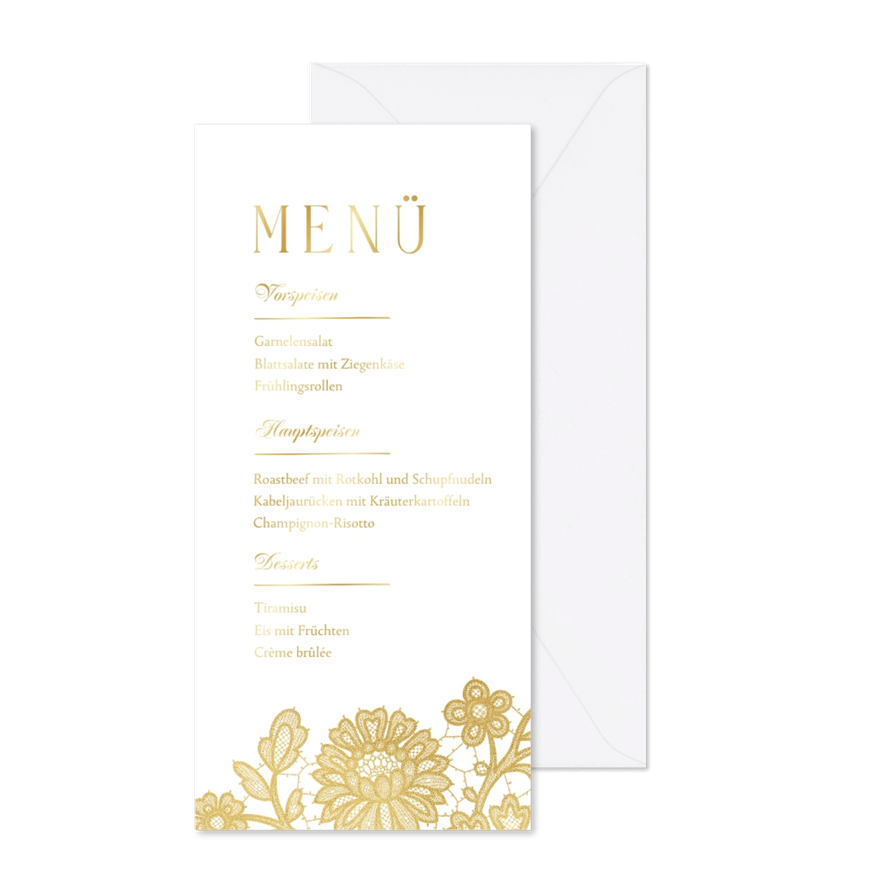 Menükarte zur Hochzeit Spitze & Goldakzente - Karteneindruck