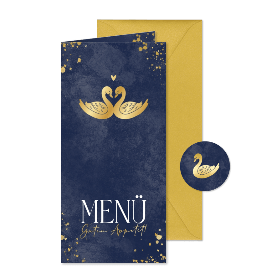 Menükarte zur Hochzeit zwei goldene Schwäne - Karteneindruck
