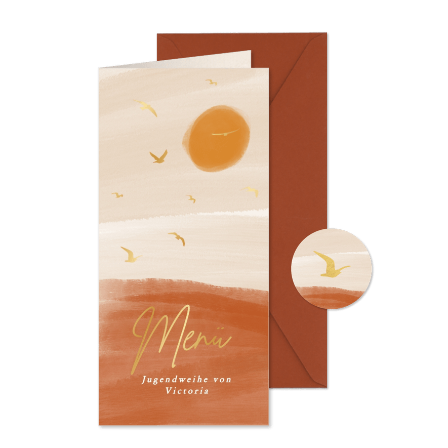 Menükarte zur Jugendweihe Aquarell Sonne und Vögel - Karteneindruck
