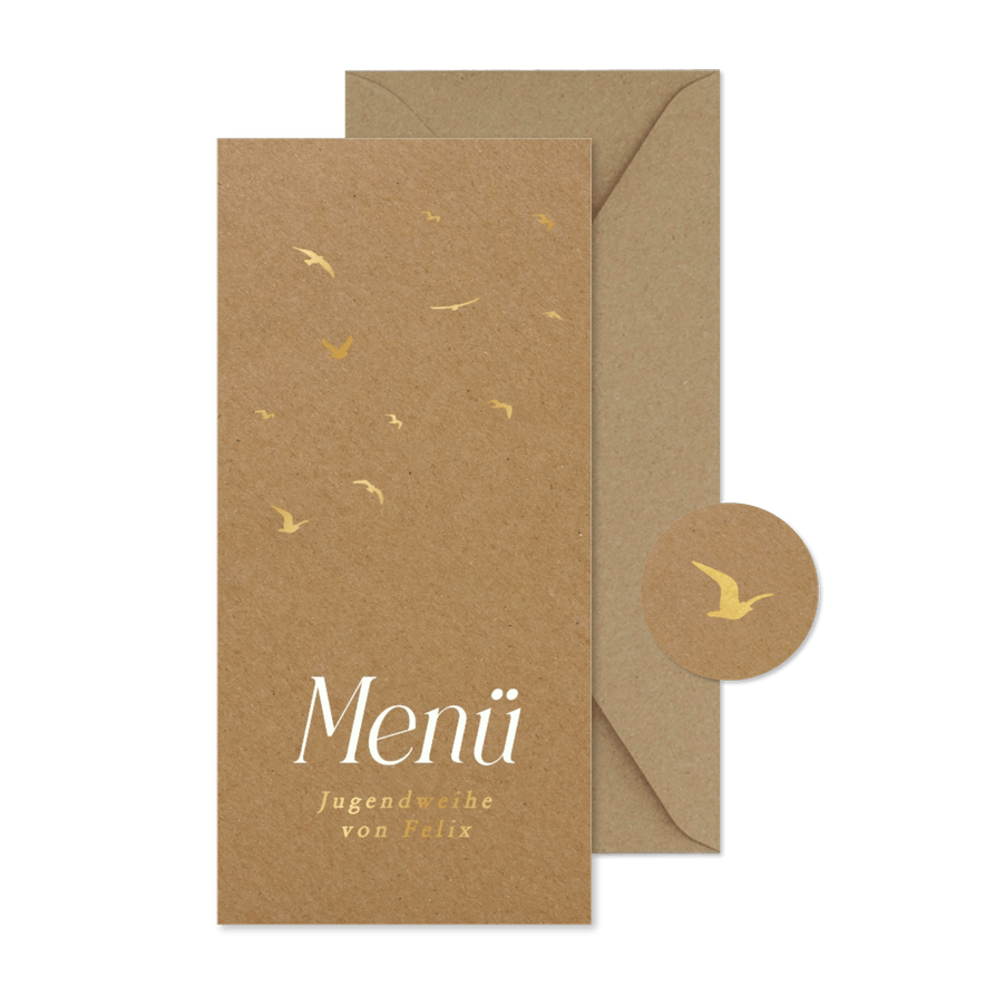 Menükarte zur Jugendweihe auf Kraftpapier mit Vögeln - Karteneindruck
