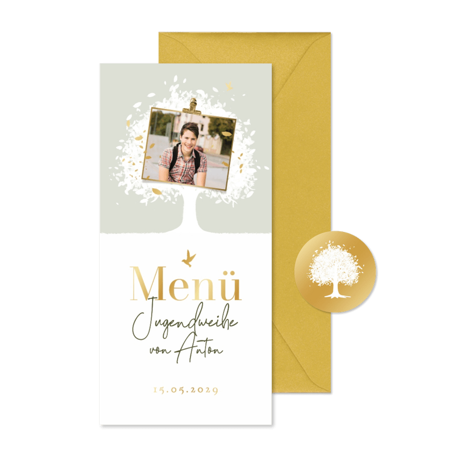 Menükarte zur Jugendweihe Baum Pastellgrün - Karteneindruck
