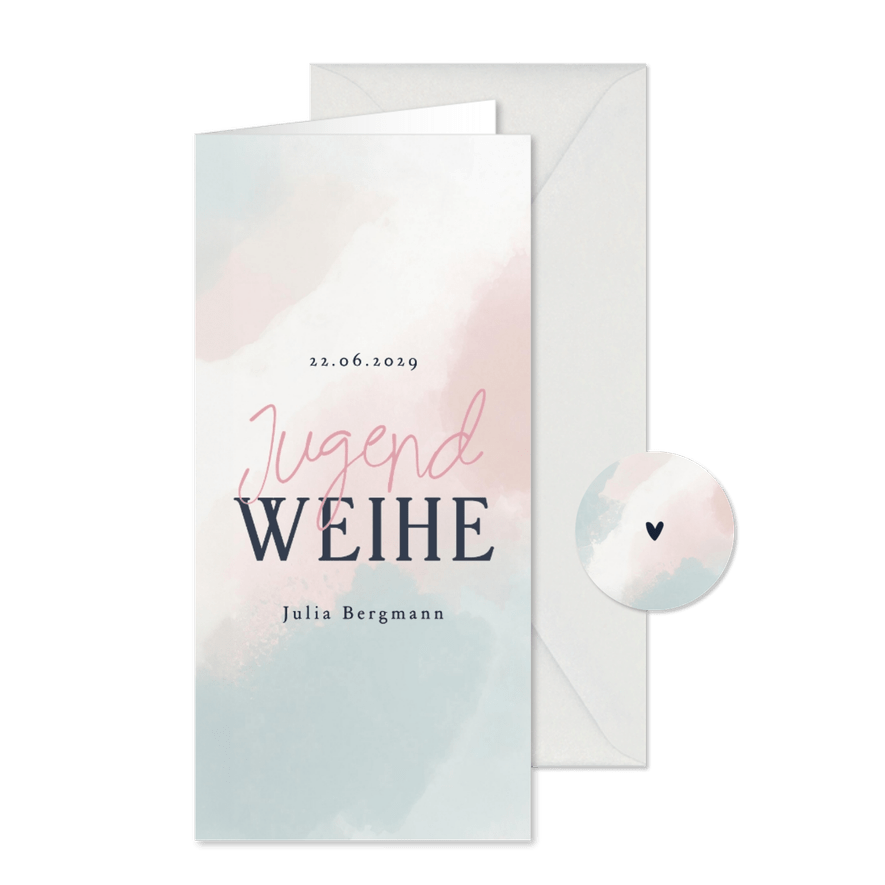 Menükarte zur Jugendweihe Blau Rosa Aquarell - Karteneindruck